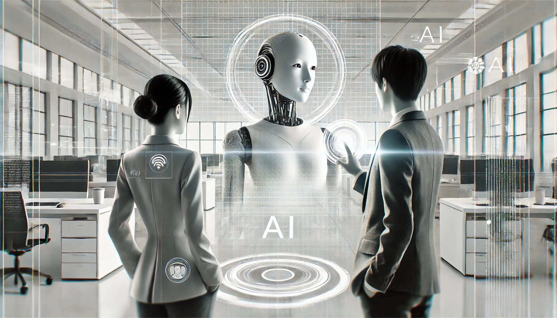 DALL·E 2024-08-27 14.24.11 - A brighter, monochrome image depicting a simple and sleek scene with a stronger AI presence. A Japanese woman in her 20s and a Japanese man in his 30s (1)